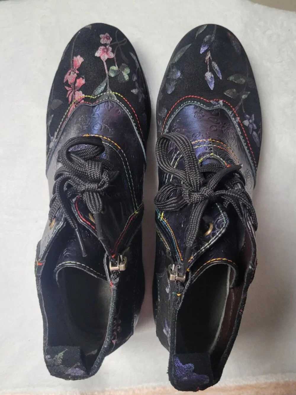 Floral Embossed Lace Up Ankle Boots Women’s Boho Combat Boot Side Zip Artsy Chic